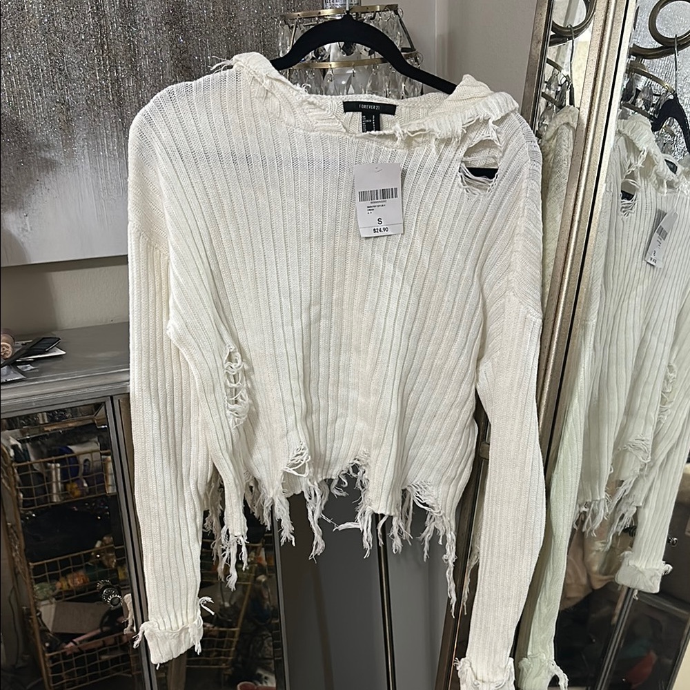 Forever 21 Distressed White Ribbed Top
